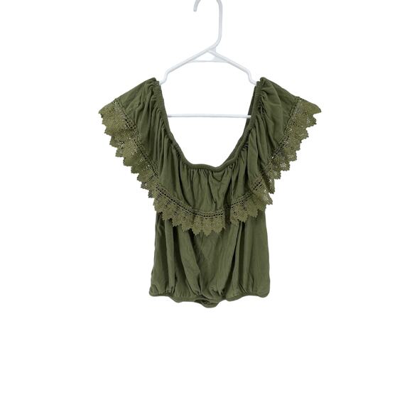 No Boundaries Green Off-The-Shoulder Lace Faux Button Blouse Junior's XL 15-17 - Picture 5 of 6